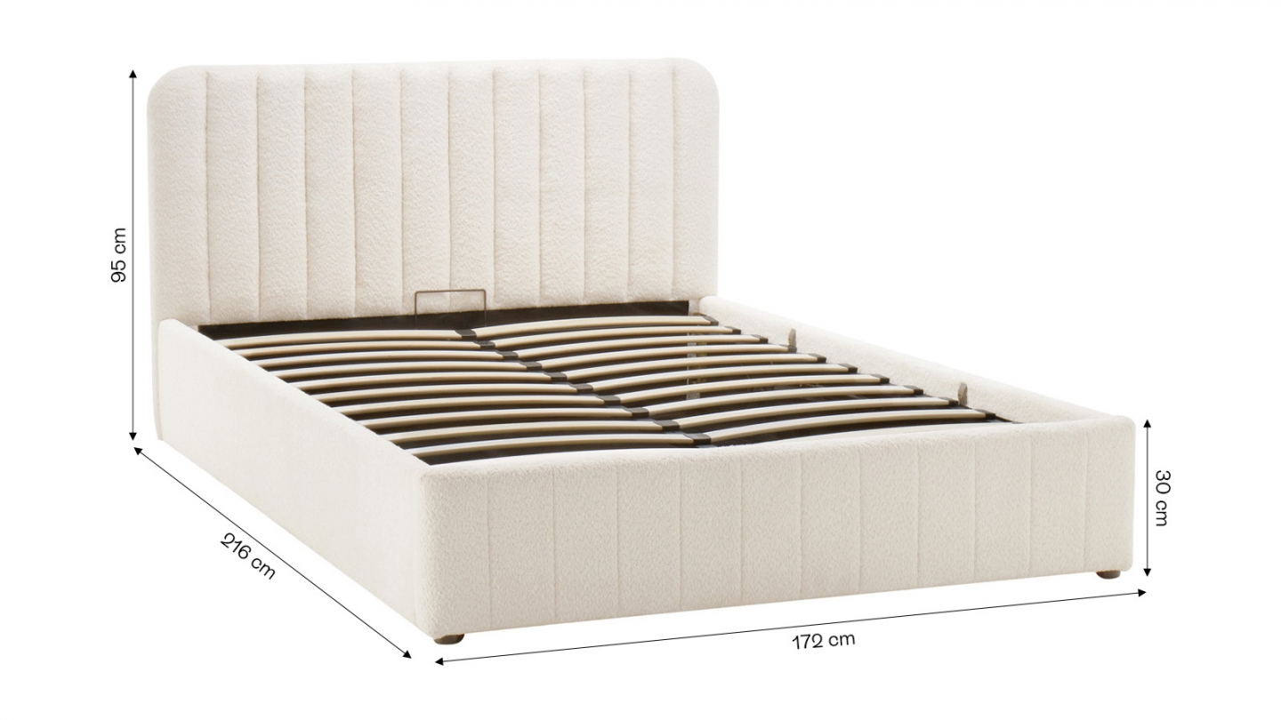 Lit coffre adulte 160x200 cm avec tête de lit capitonnée en tissu bouclé beige - Ava