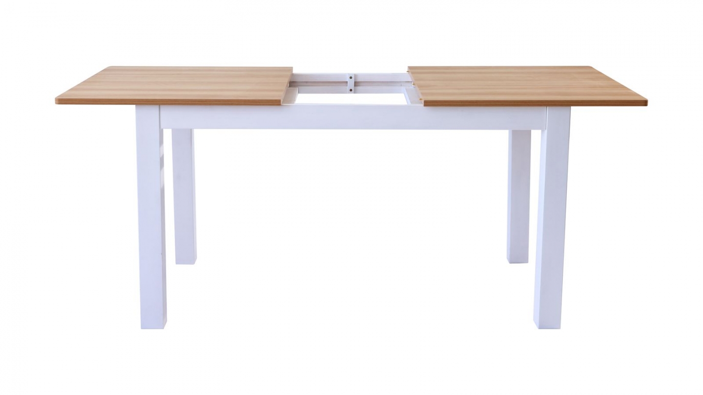 Table à manger extensible effet bois, piètement blanc 140/180 cm - Lexi