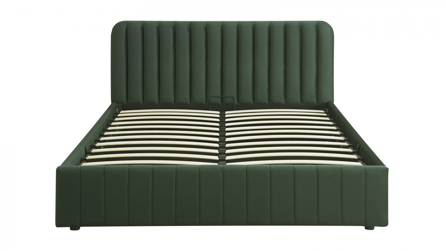 Lit coffre adulte 160x200 cm avec tête de lit capitonnée en velours vert kaki - Ava