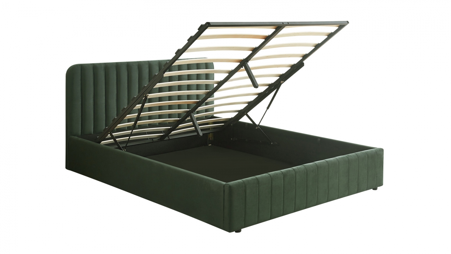 Lit coffre adulte 160x200 cm avec tête de lit capitonnée en velours vert kaki - Ava