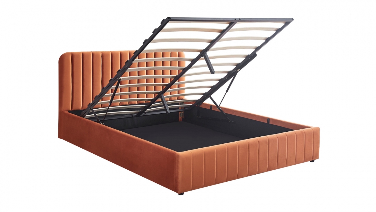 Lit coffre adulte 140x190 cm avec tête de lit capitonnée en velours terracotta - Ava