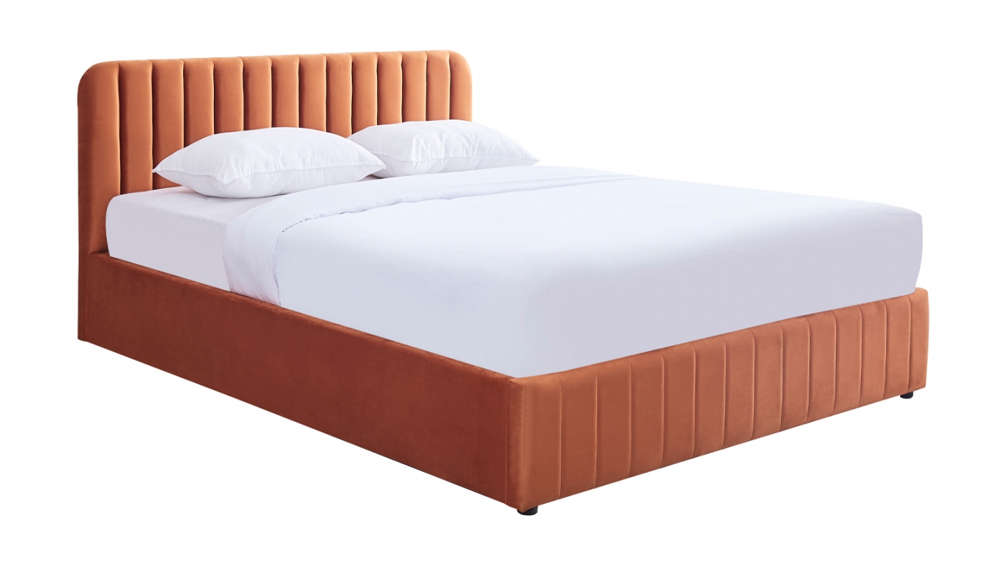 Lit coffre adulte 140x190 cm avec tête de lit capitonnée en velours terracotta - Ava