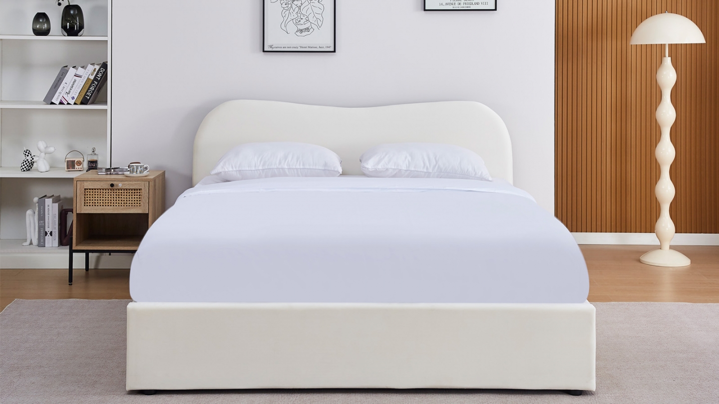 Lit coffre adulte 140x190 cm avec tête le lit matelassée en velours beige - Suzon