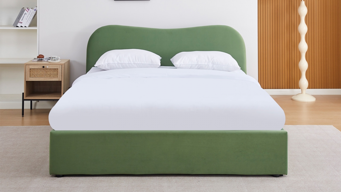 Lit coffre adulte 160x200 cm avec tête le lit matelassée en velours vert clair - Suzon