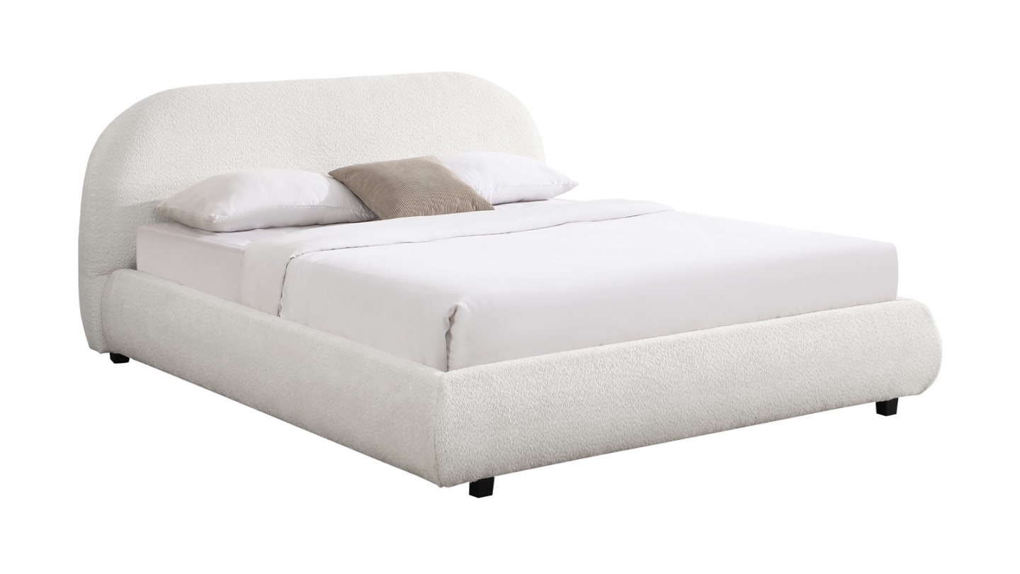 Lit adulte 140x190 cm avec sommier et tête de lit matelassée en tissu bouclé beige - Maddie