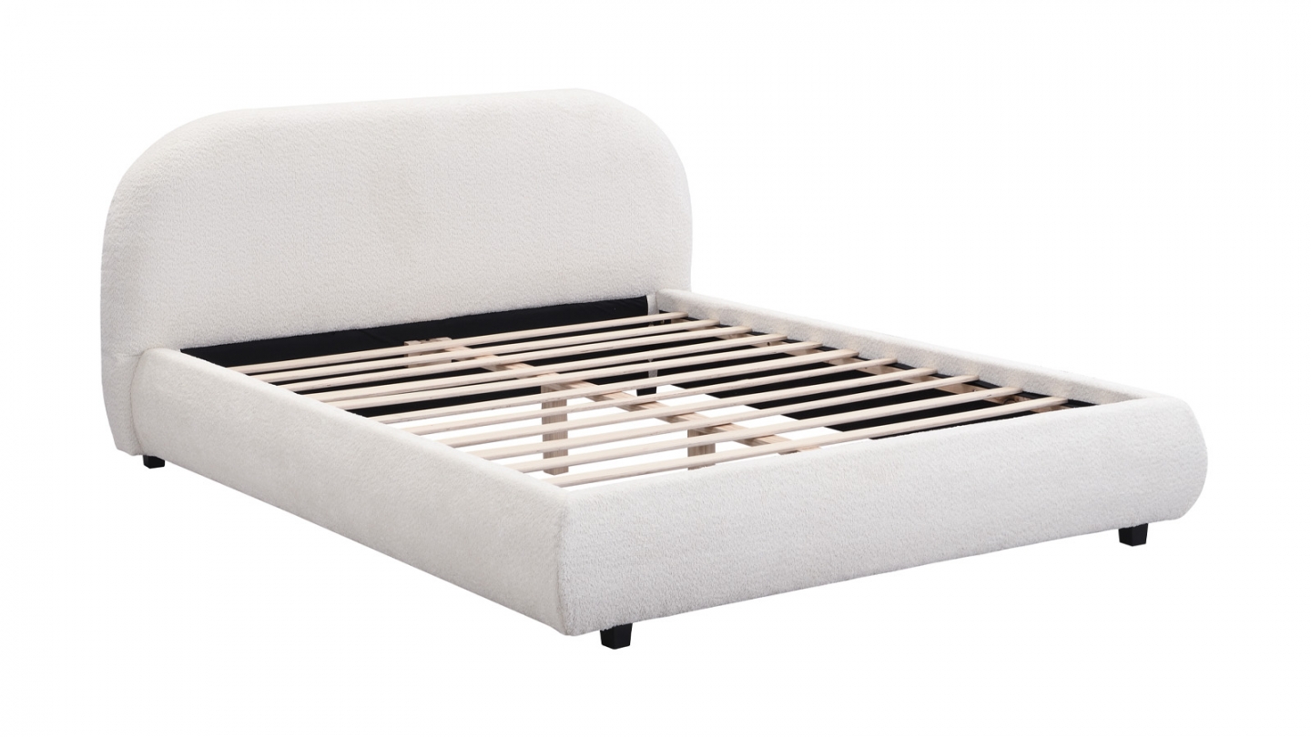 Lit adulte 140x190 cm avec sommier et tête de lit matelassée en tissu bouclé beige - Maddie