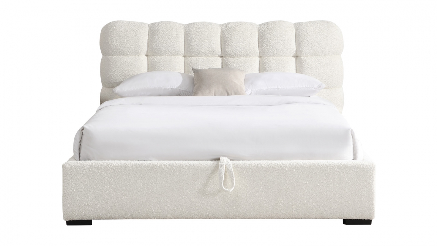 Lit coffre adulte 160x200 cm avec sommier et tête de lit capitonnée en tissu bouclé beige - Lola