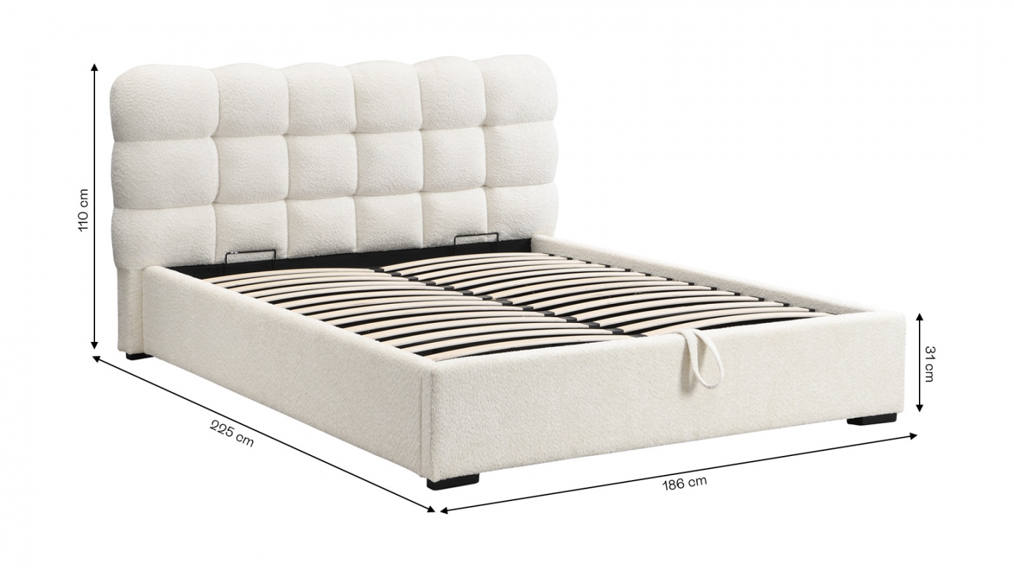 Lit coffre adulte 160x200 cm avec sommier et tête de lit capitonnée en tissu bouclé beige - Lola