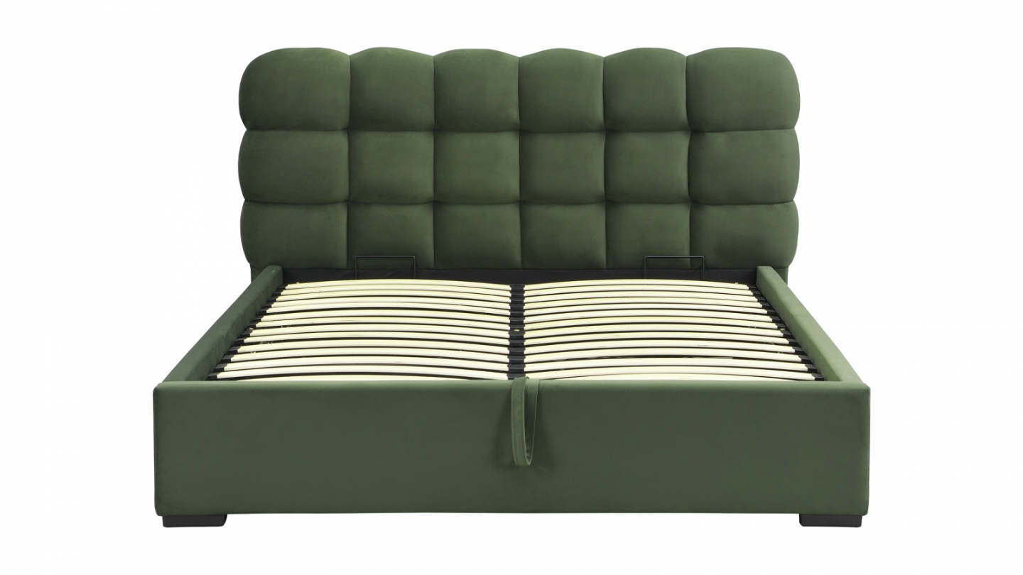 Lit coffre adulte 160x200 cm avec sommier et tête de lit capitonnée en velours vert kaki - Lola