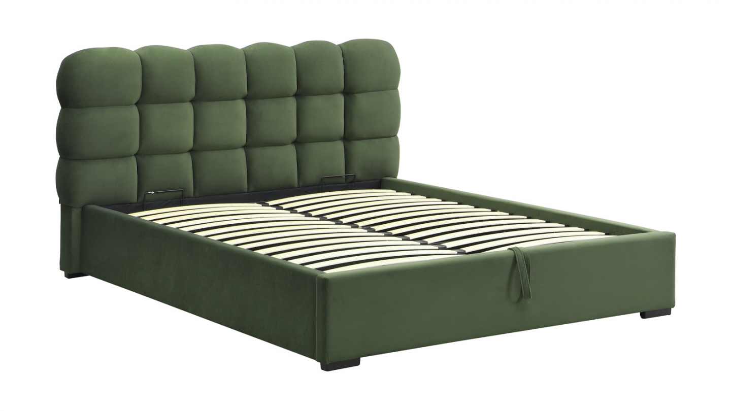 Lit coffre adulte 160x200 cm avec sommier et tête de lit capitonnée en velours vert kaki - Lola