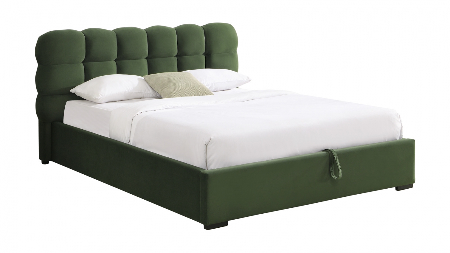 Lit coffre adulte 180x200 cm avec sommier et tête de lit capitonnée en velours vert kaki - Lola