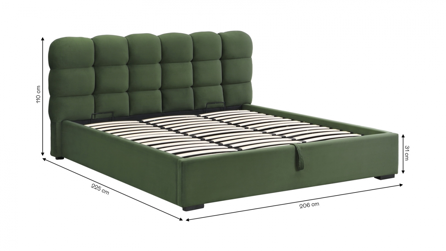 Lit coffre adulte 180x200 cm avec sommier et tête de lit capitonnée en velours vert kaki - Lola