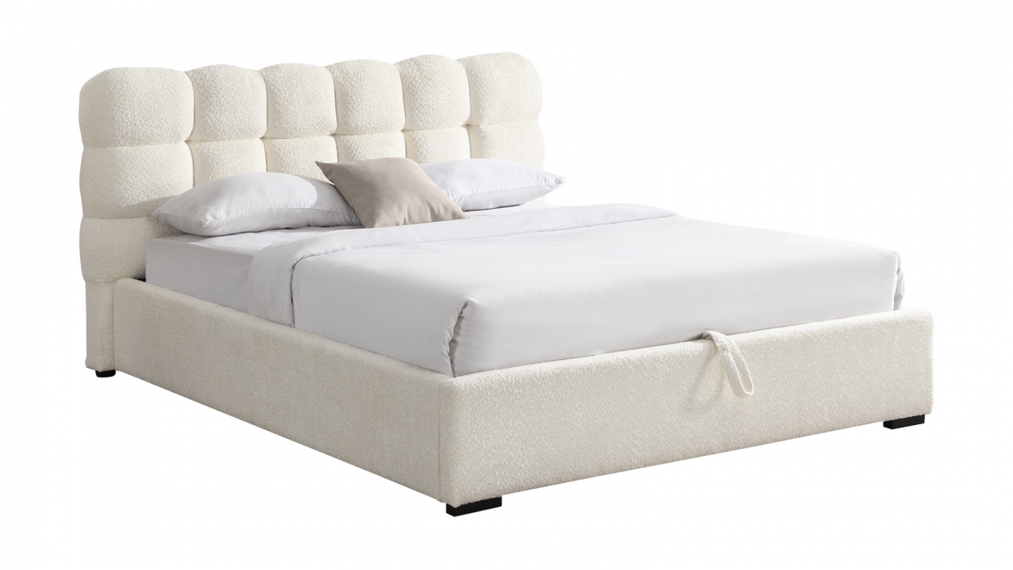 Lit coffre adulte 180x200 cm avec sommier et tête de lit capitonnée en tissu bouclé beige - Lola