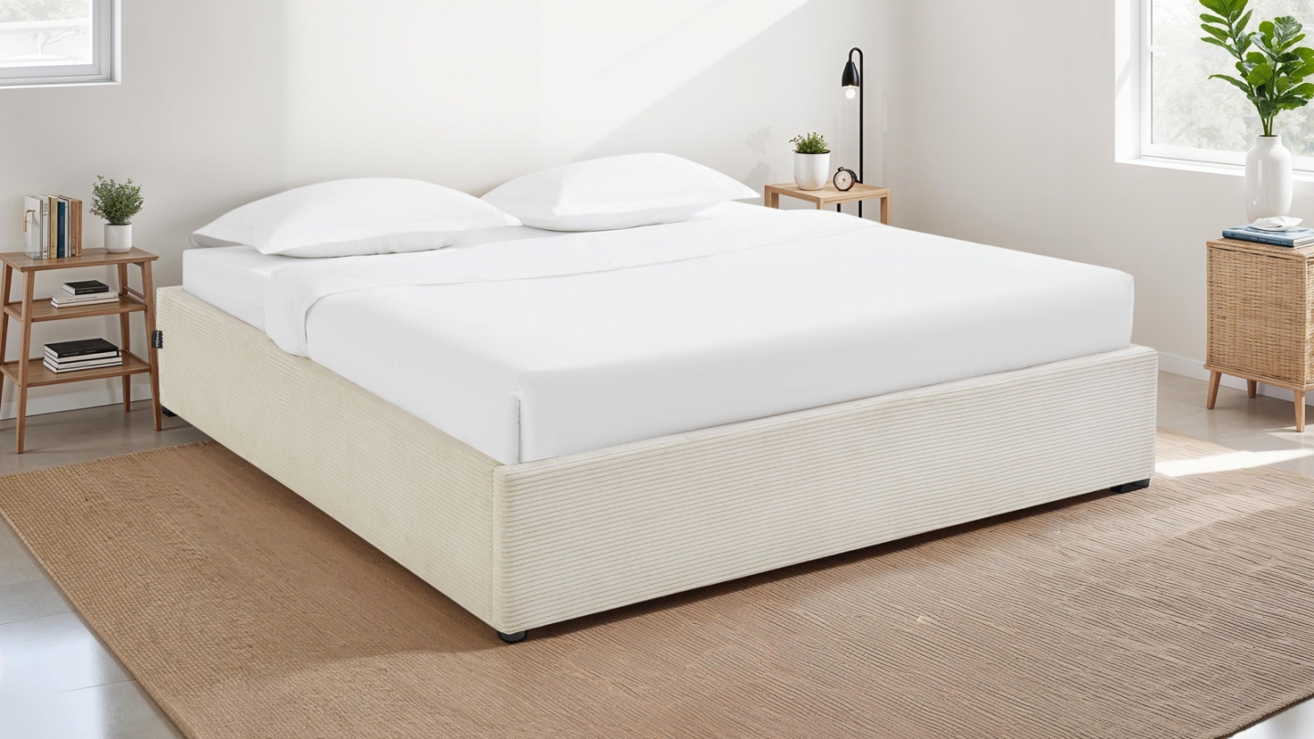 Lit coffre adulte 180x200 cm en velours côtelé beige avec sommier - Handy