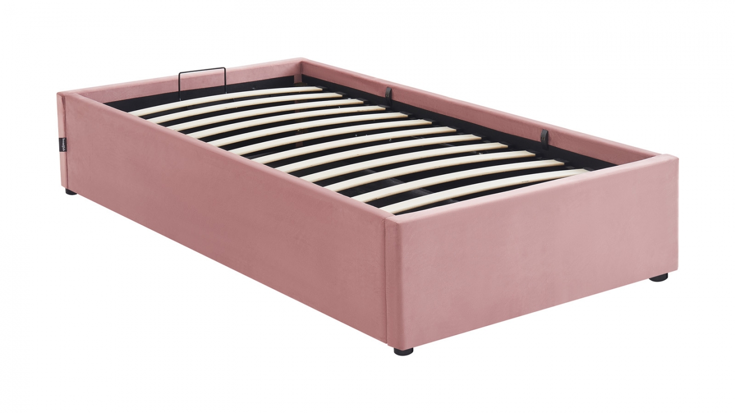 Lit coffre adulte 90x190 cm en velours rose avec sommier - Handy