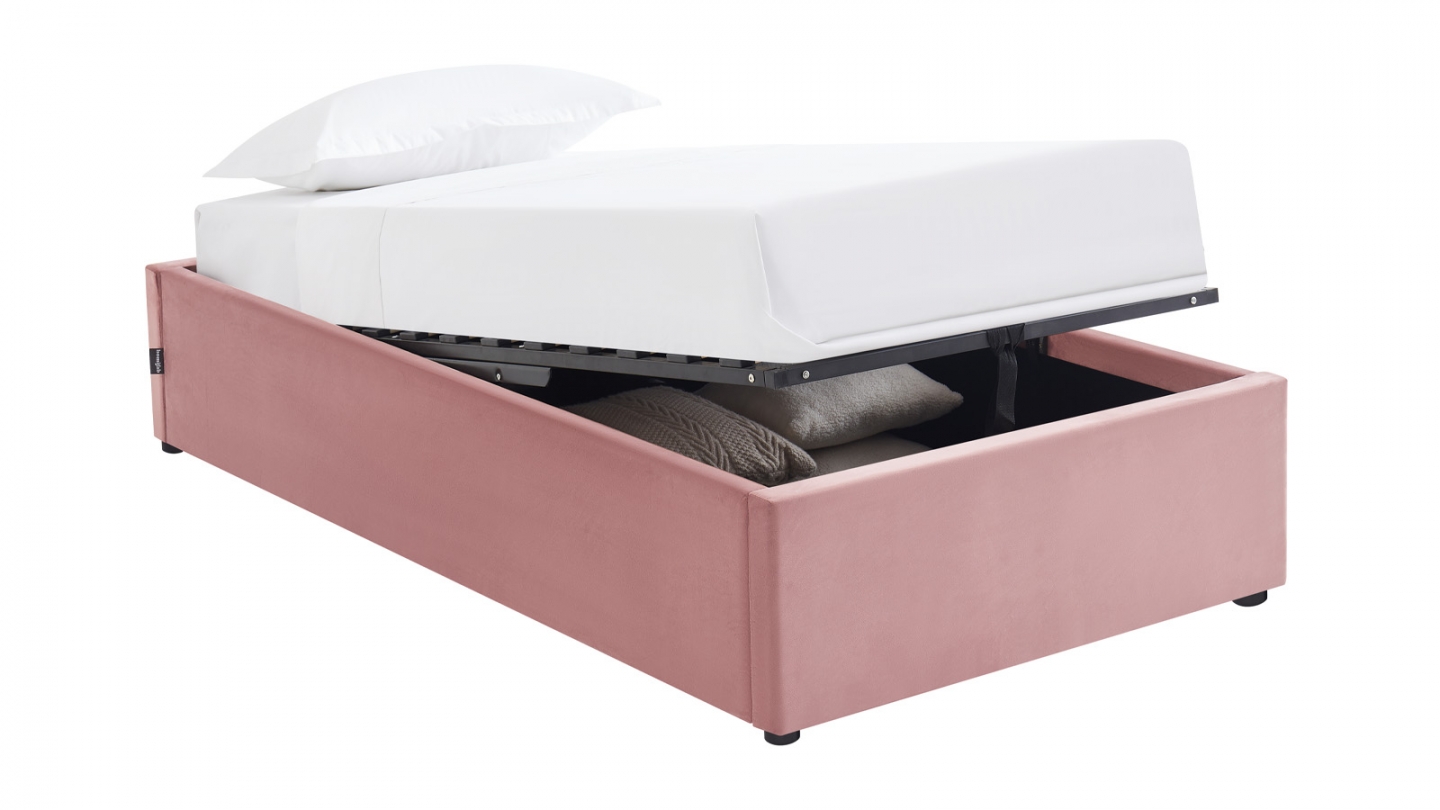 Lit coffre adulte 90x190 cm en velours rose avec sommier - Handy