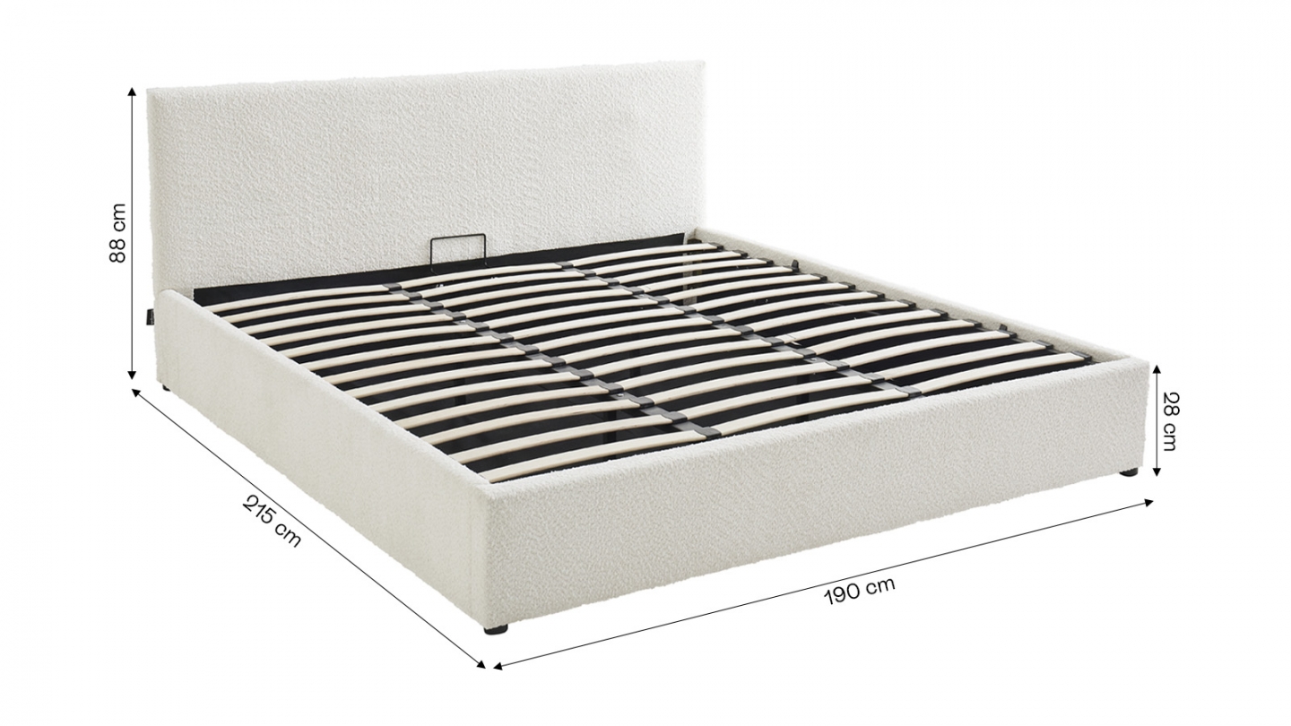 Lit coffre adulte 180x200 cm avec tête de lit capitonnée en tissu bouclé beige et sommier - Tina