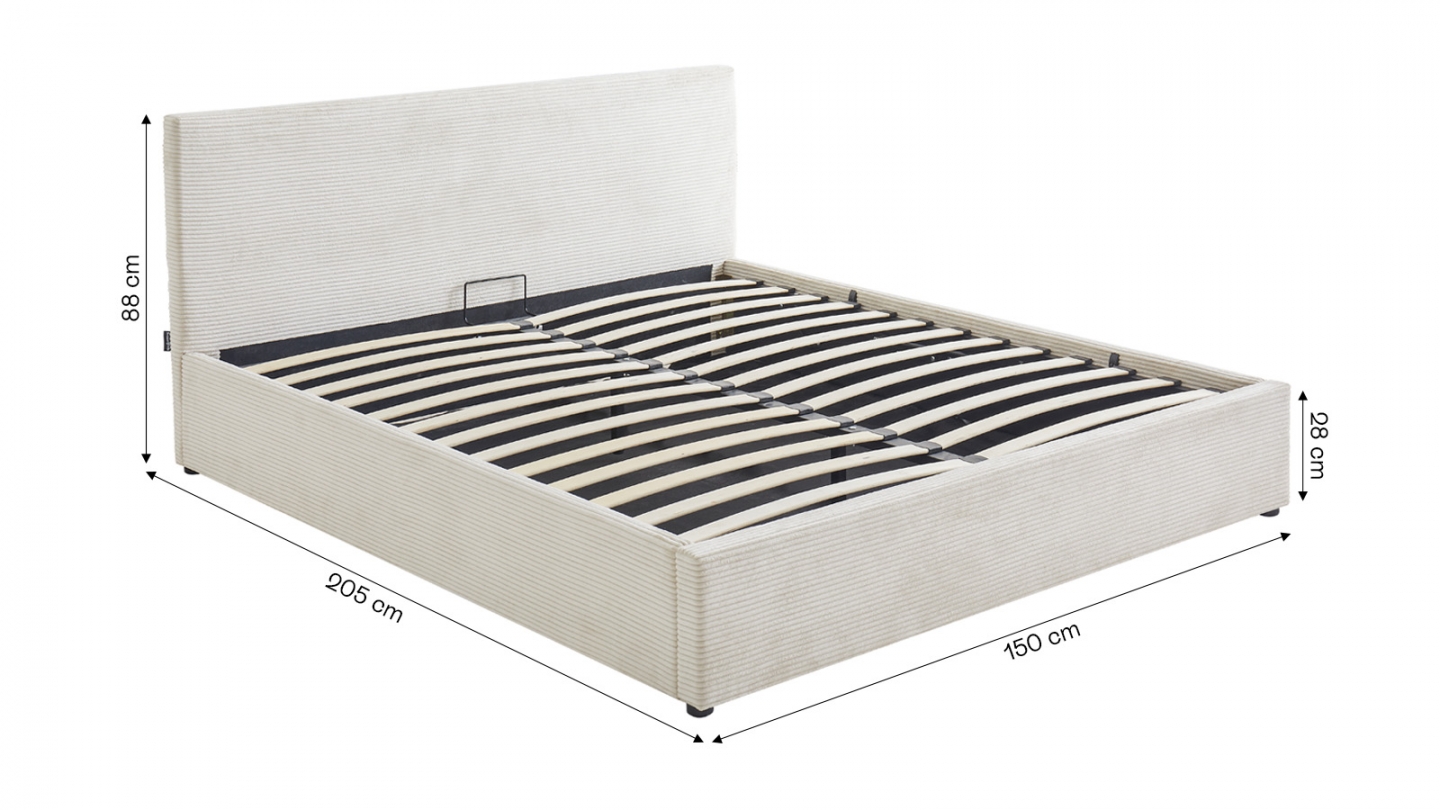 Lit coffre adulte 140x190 cm avec tête de lit capitonnée en velours côtelé beige et sommier - Tina