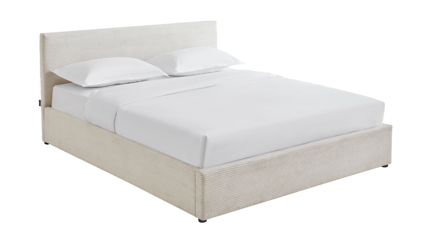 Lit coffre adulte 140x190 cm avec tête de lit capitonnée en velours côtelé beige et sommier - Tina