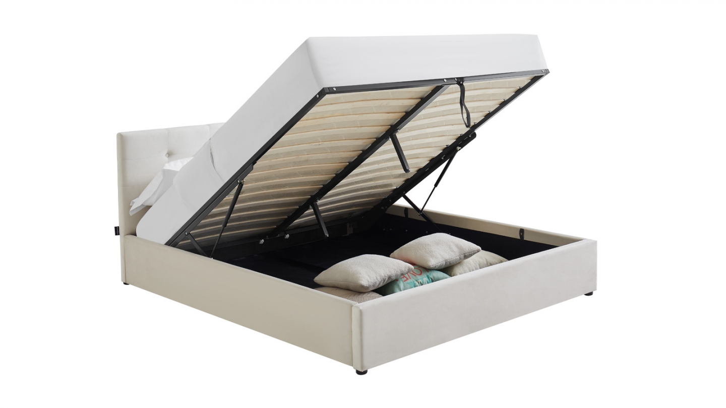 Lit coffre adulte 140x190 cm avec tête de lit capitonnée en velours beige et sommier - Tina