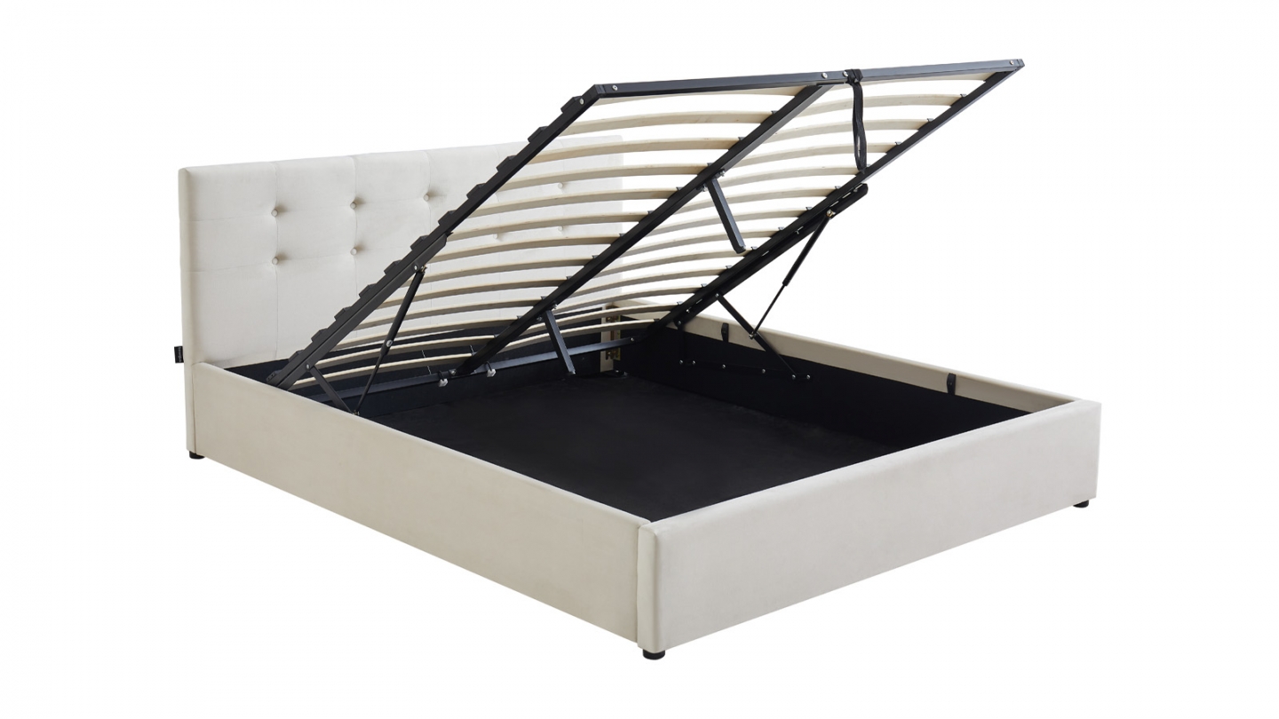 Lit coffre adulte 140x190 cm avec tête de lit capitonnée en velours beige et sommier - Tina