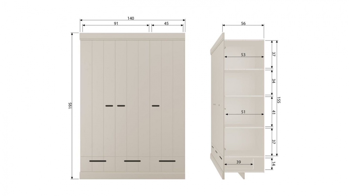 Armoire 3 portes 3 tiroirs en bois FSC beige 140 cm - Connect