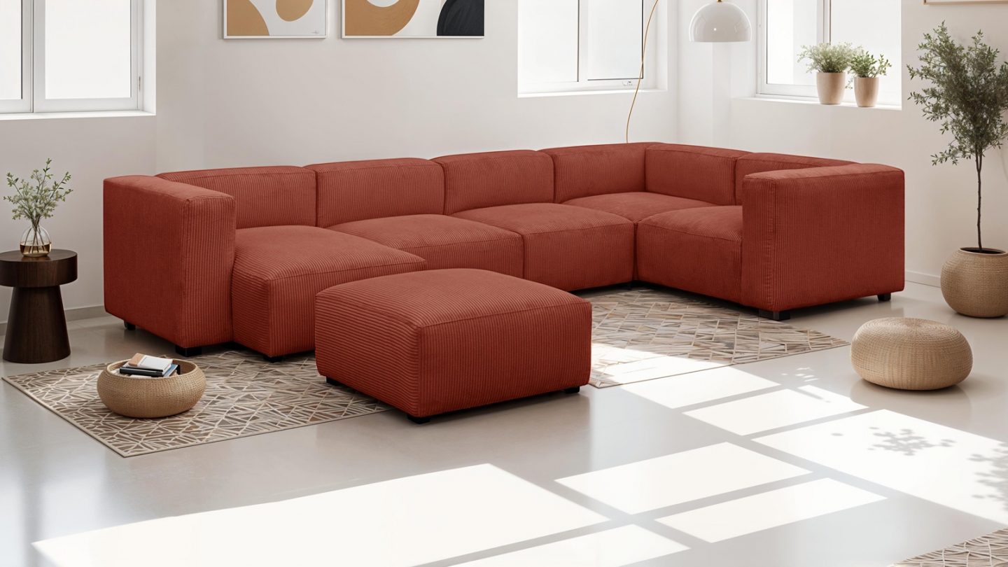 Canapé modulable panoramique 6 places avec méridienne à gauche + pouf en velours côtelé rouille - Modulo New Canapé modulable panoramique 6 places avec méridienne à gauche + pouf en velours côtelé rouille - Modulo New