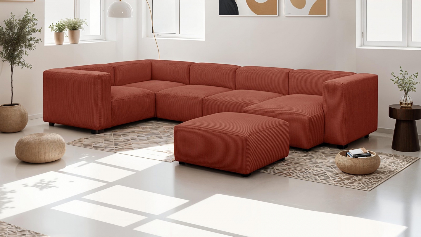 Canapé modulable panoramique 6 places avec méridienne à droite + pouf en velours côtelé rouille - Modulo New Canapé modulable panoramique 6 places avec méridienne à droite + pouf en velours côtelé rouille - Modulo New