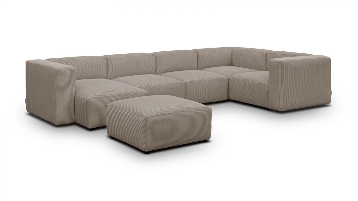 Canapé modulable panoramique 6 places avec méridienne à gauche + pouf en velours côtelé taupe - Modulo New