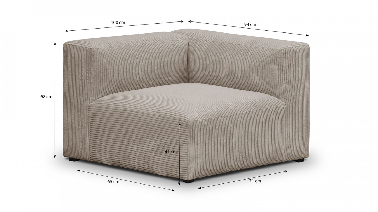 Canapé modulable panoramique 6 places avec méridienne à gauche + pouf en velours côtelé taupe - Modulo New