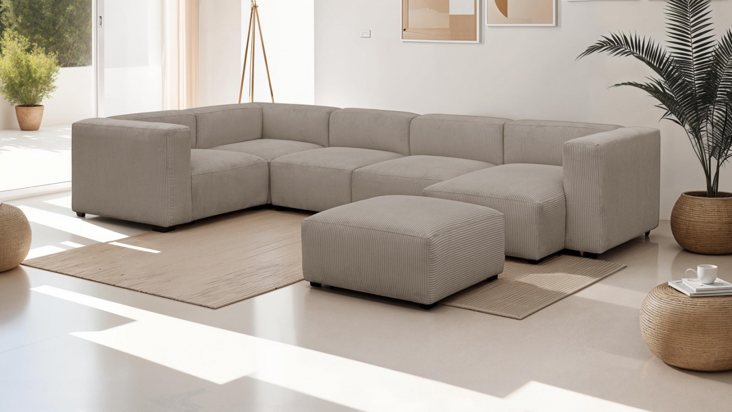 Canapé modulable panoramique 6 places avec méridienne à droite + pouf en velours côtelé taupe - Modulo New Canapé modulable panoramique 6 places avec méridienne à droite + pouf en velours côtelé taupe - Modulo New