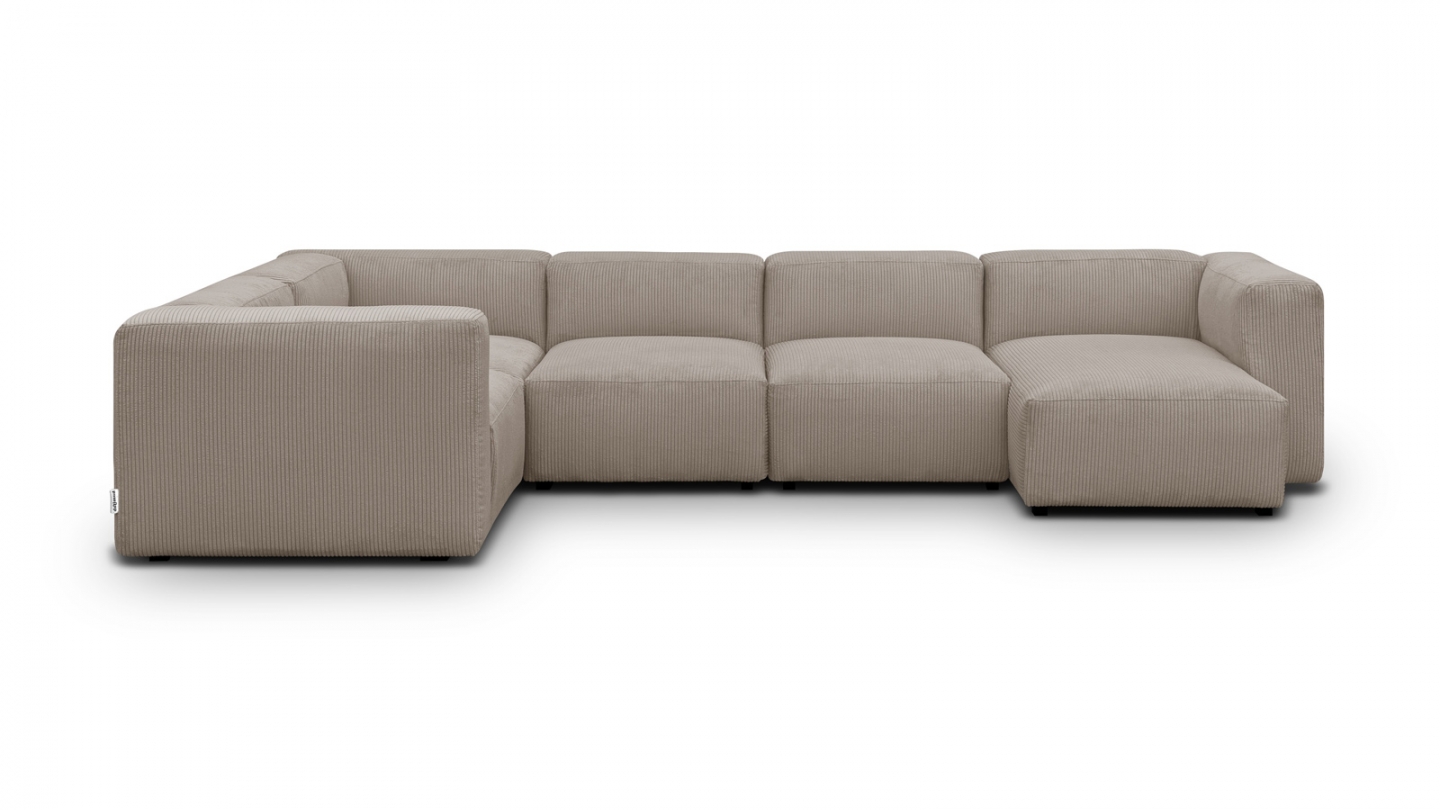Canapé modulable panoramique 6 places avec méridienne à droite + pouf en velours côtelé taupe - Modulo New Canapé modulable panoramique 6 places avec méridienne à droite + pouf en velours côtelé taupe - Modulo New
