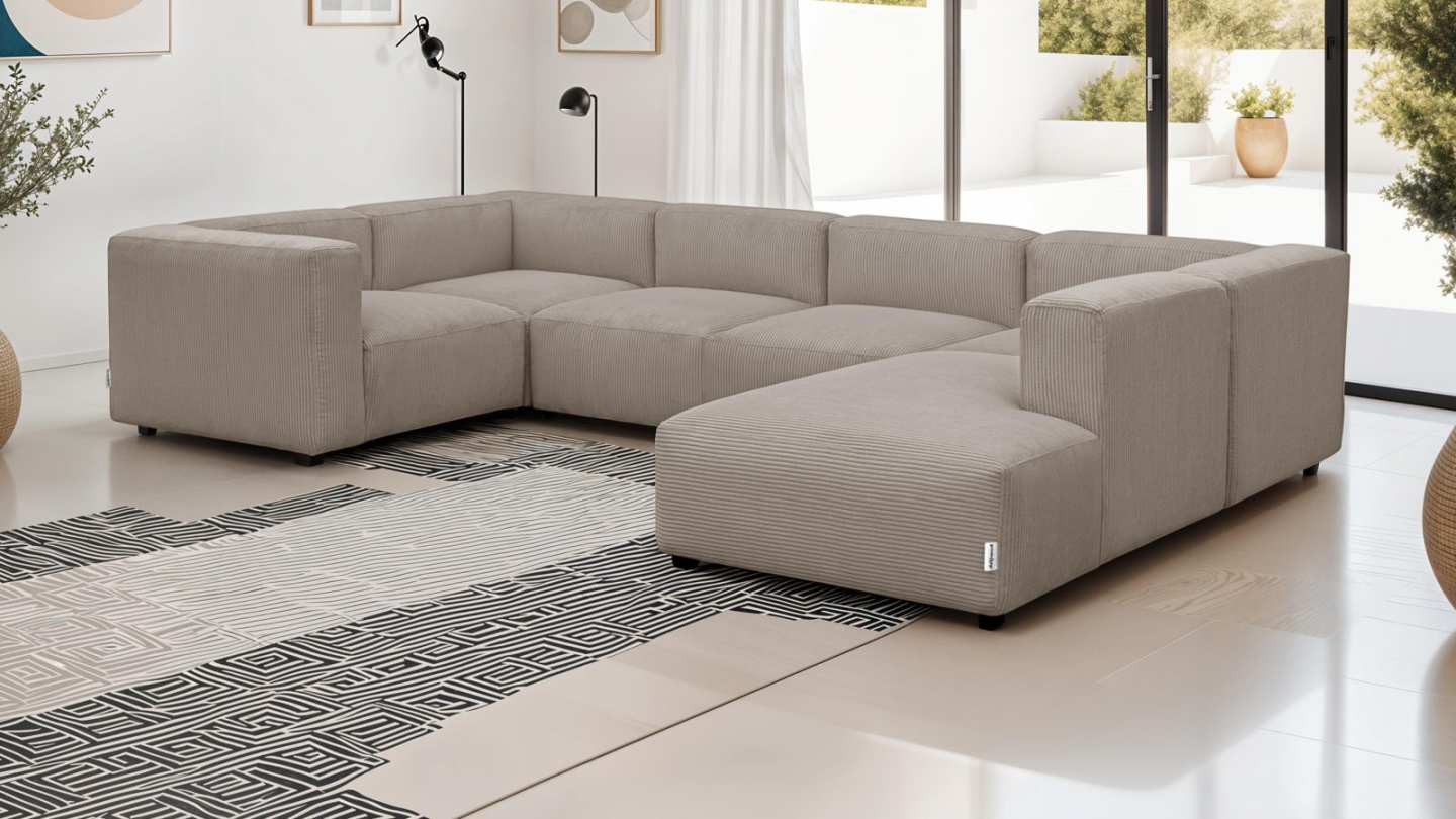 Canapé modulable panoramique 9 places ouvert à droite + pouf en velours côtelé taupe - Modulo New