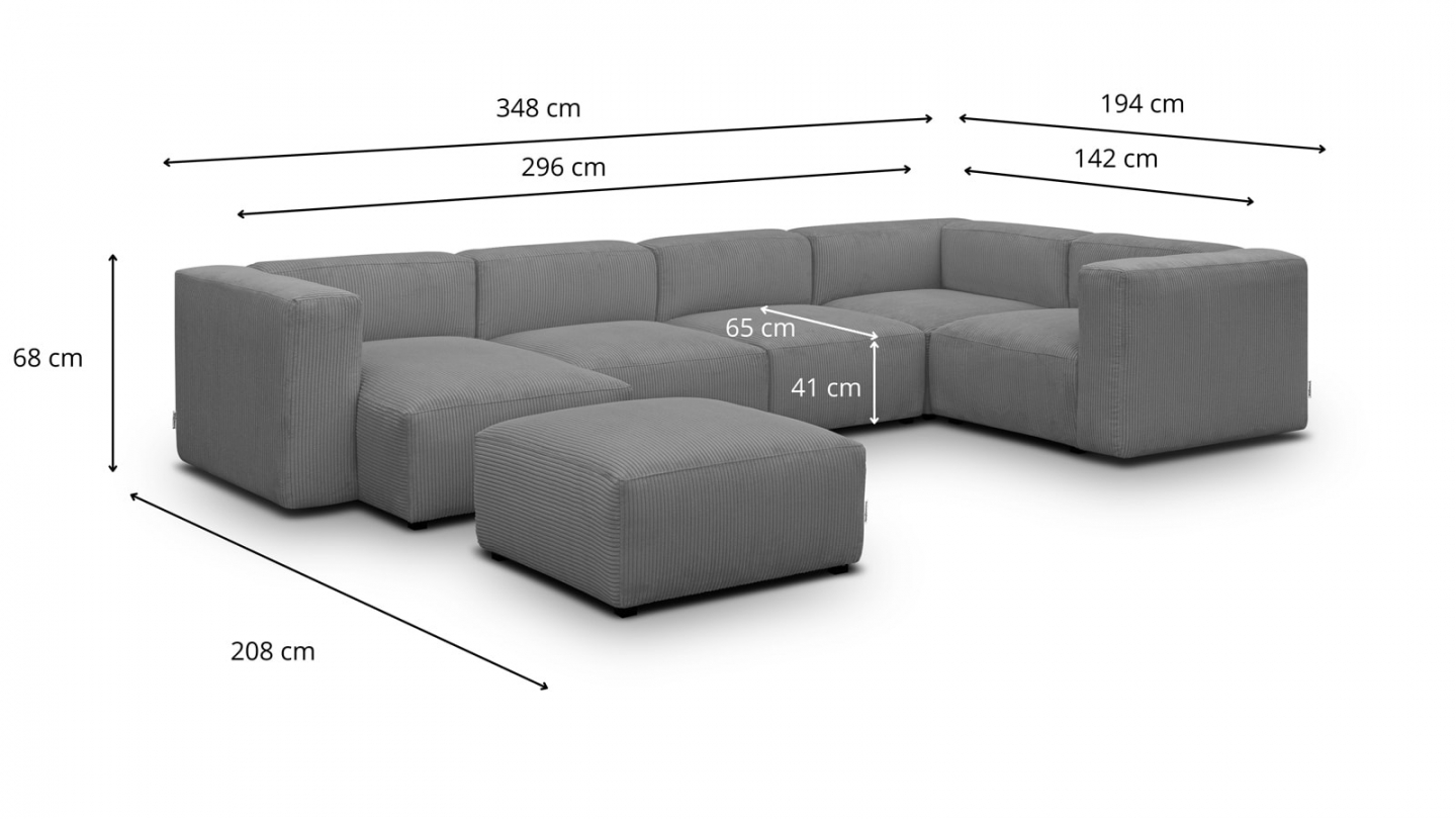 Canapé modulable panoramique 6 places avec méridienne à gauche + pouf en velours côtelé gris clair - Modulo New