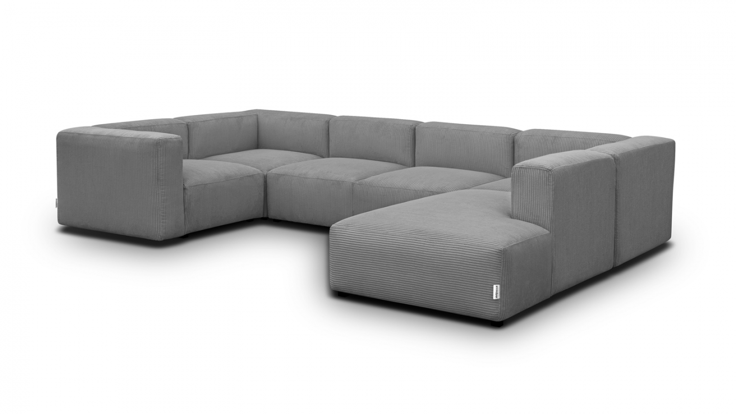 Canapé modulable panoramique 9 places ouvert à droite + pouf en velours côtelé gris clair - Modulo New