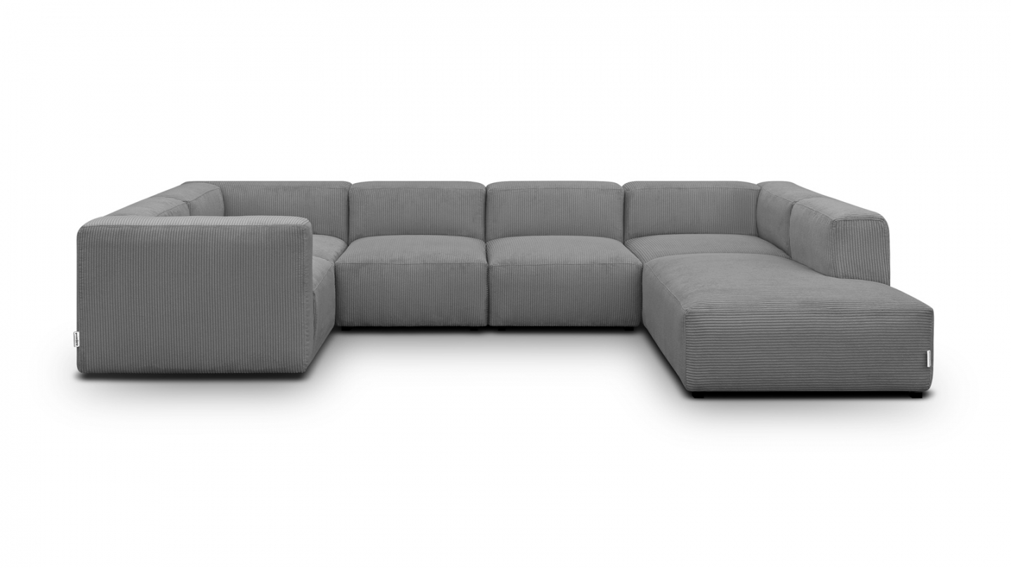 Canapé modulable panoramique 9 places ouvert à droite + pouf en velours côtelé gris clair - Modulo New