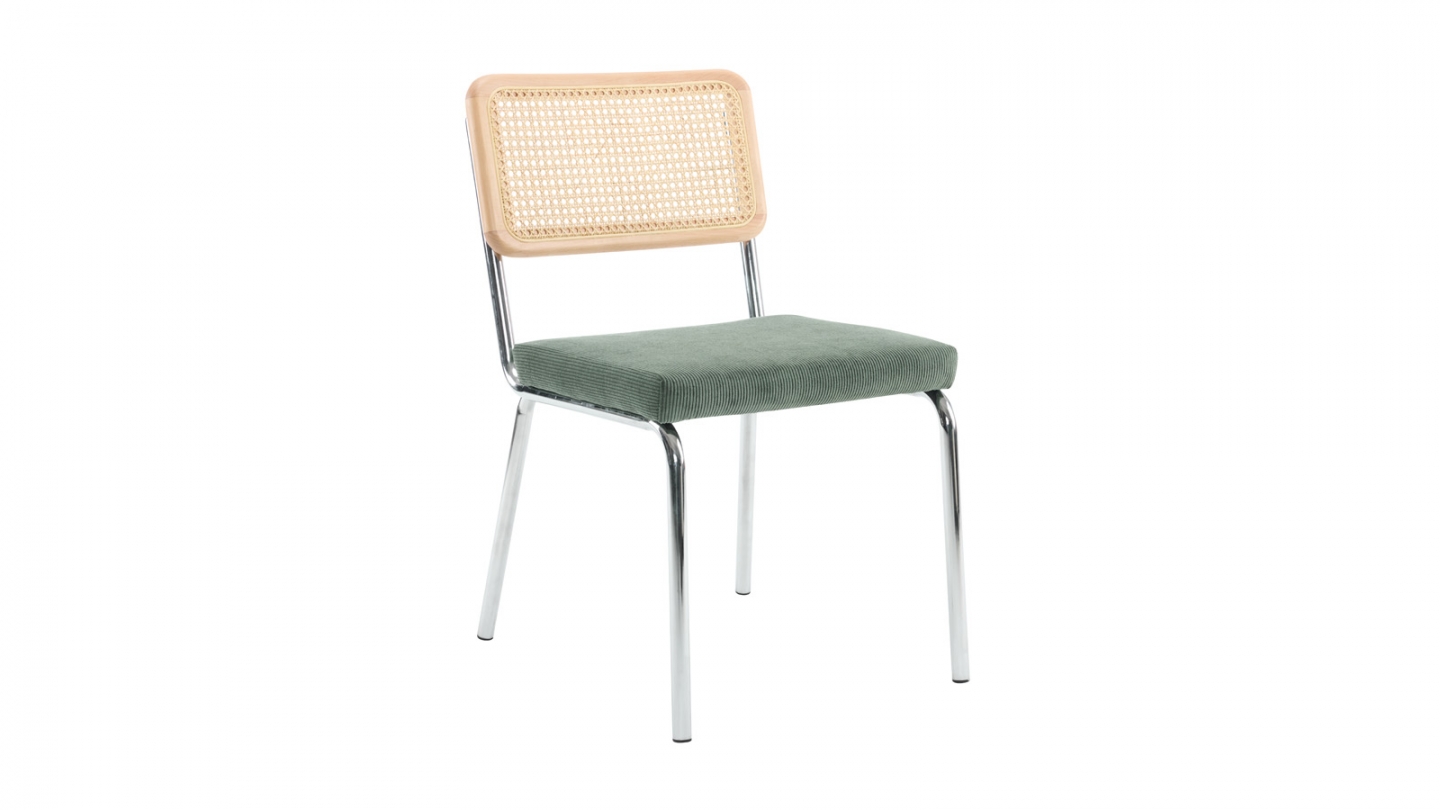 Lot de 2 chaises en acier chromé, cannage naturel et velours côtelé vert - Paula