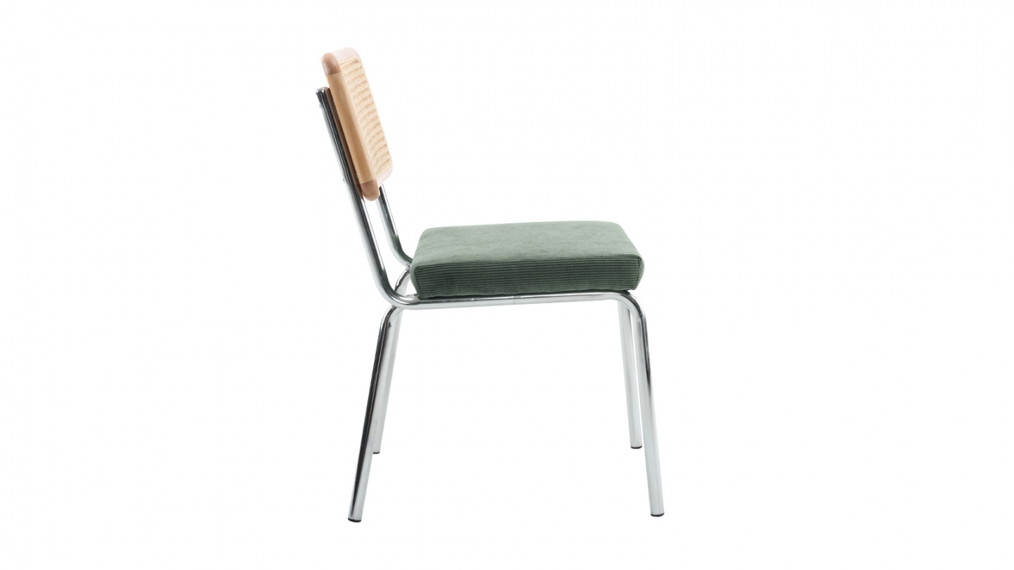 Lot de 2 chaises en acier chromé, cannage naturel et velours côtelé vert - Paula