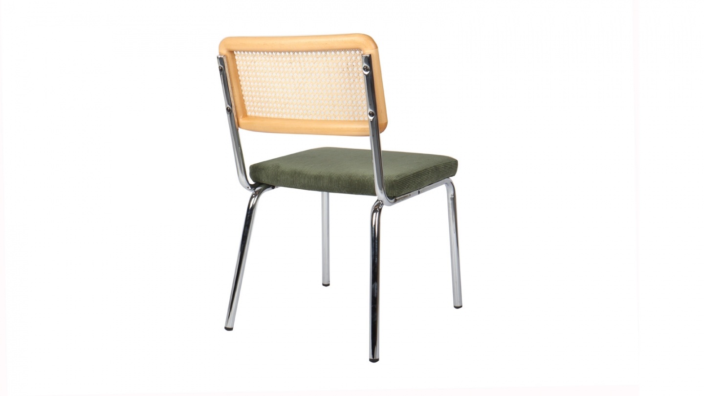 Lot de 2 chaises en acier chromé, cannage naturel et velours côtelé vert - Paula