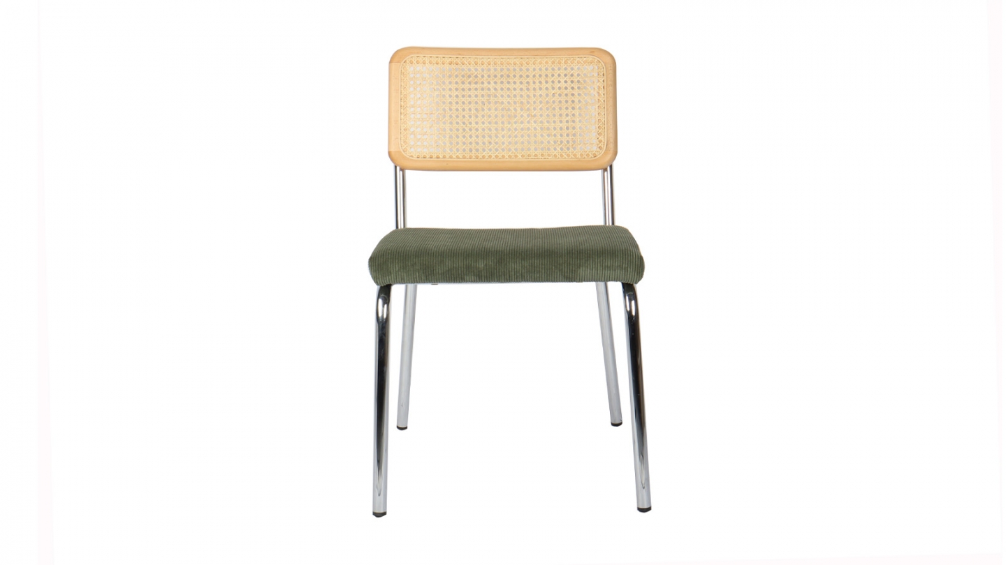 Lot de 2 chaises en acier chromé, cannage naturel et velours côtelé vert - Paula