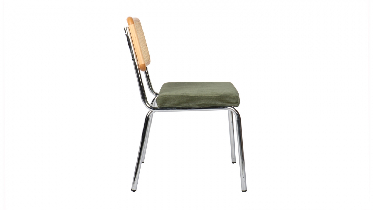 Lot de 2 chaises en acier chromé, cannage naturel et velours côtelé vert - Paula