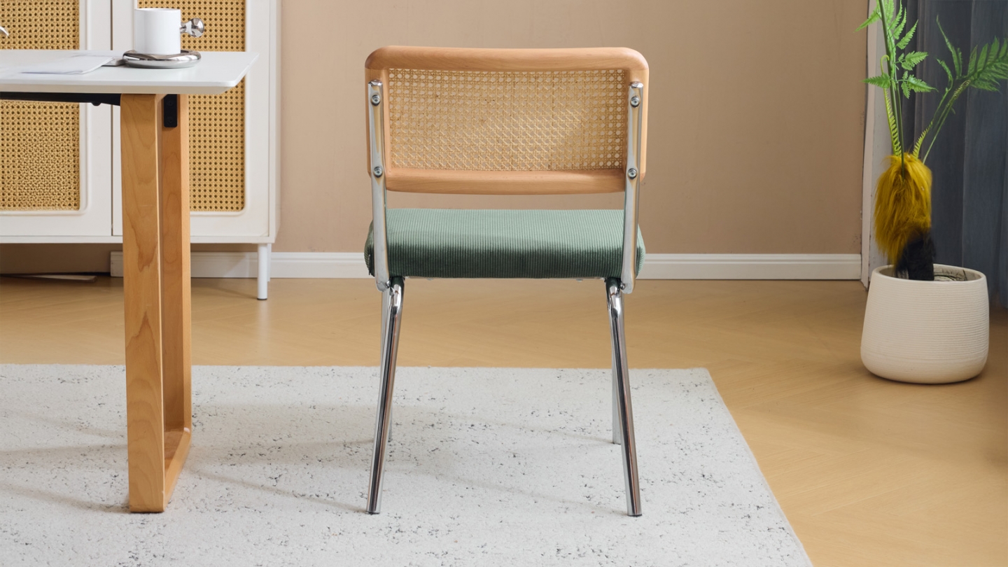 Lot de 2 chaises en acier chromé, cannage naturel et velours côtelé vert - Paula