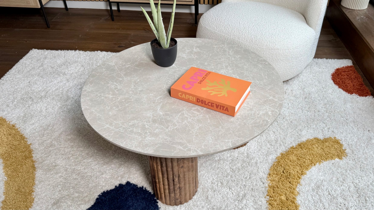 Table basse ronde effet marbre blanc, piètement bois 80 cm - Stone