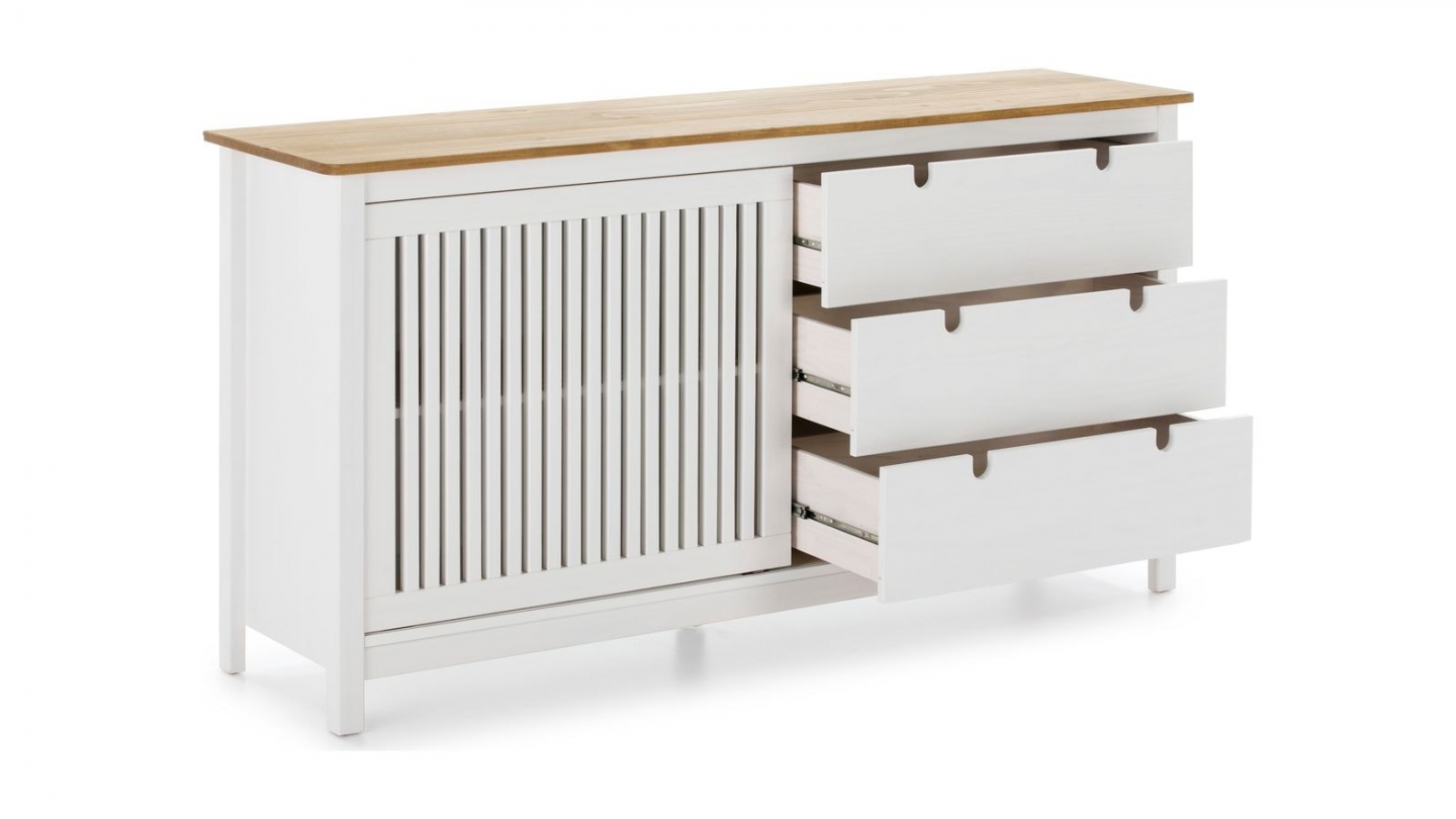 Buffet 1 porte coulissante 3 tiroirs en bois blanc 150 cm - Fabia