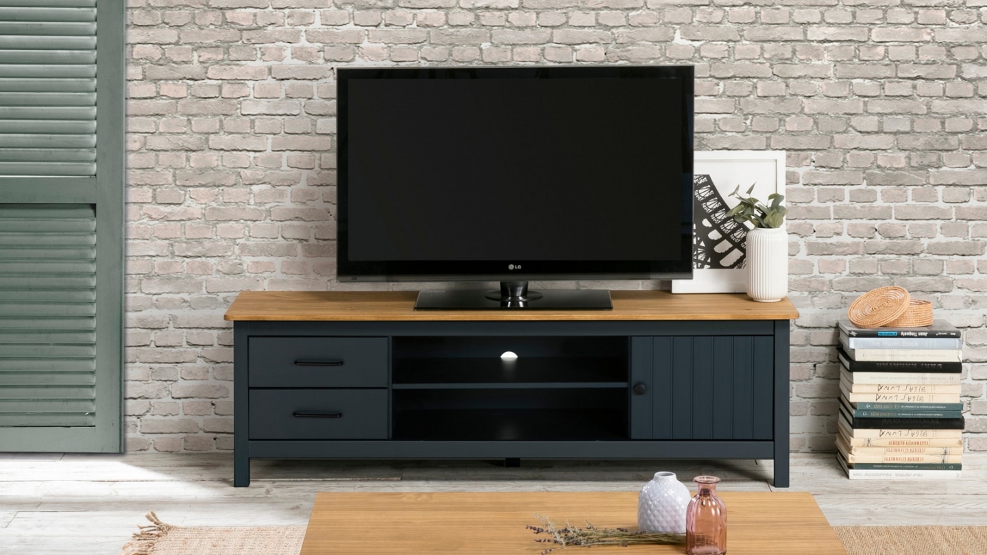 Meuble TV 1 porte 2 tiroirs en bois massif bleu 158 cm - Ida