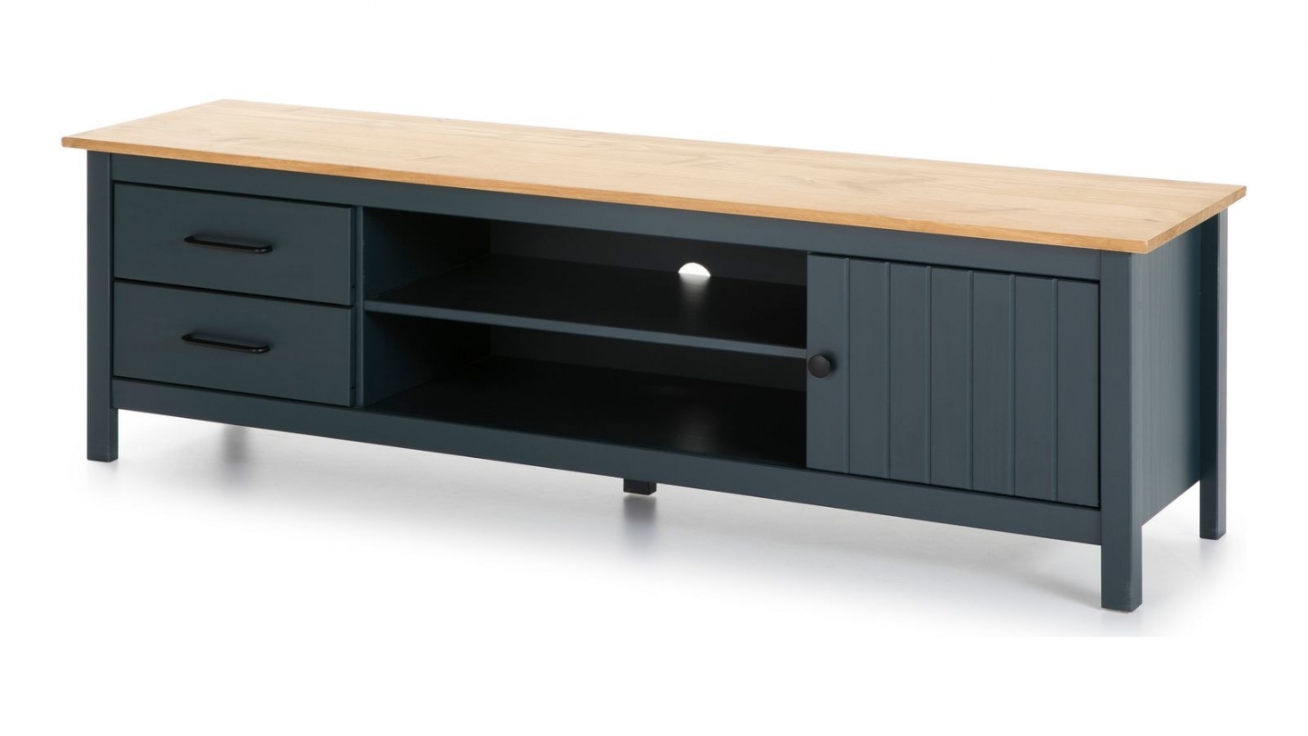 Meuble TV 1 porte 2 tiroirs en bois massif bleu 158 cm - Ida