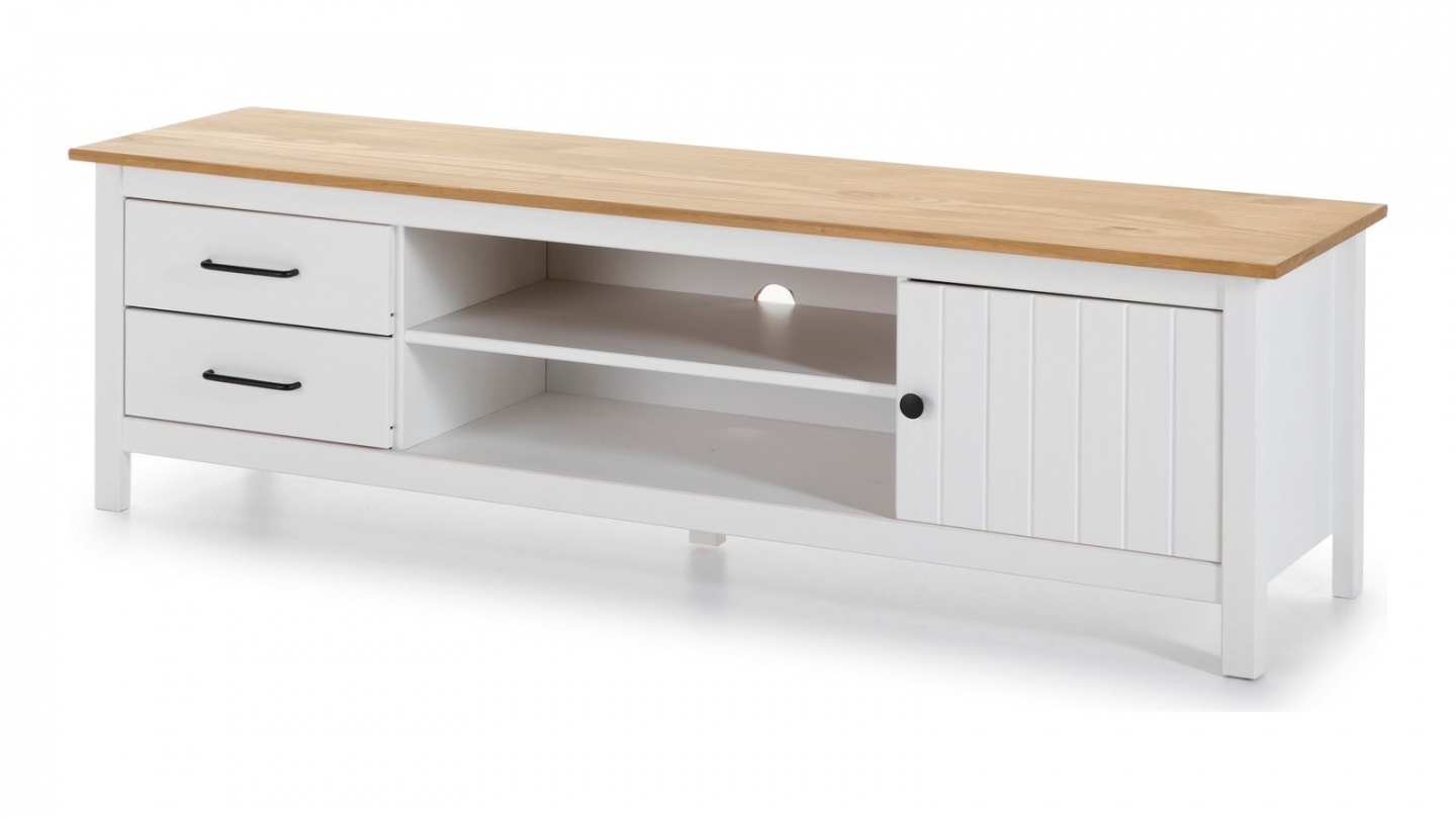 Meuble TV 1 porte 2 tiroirs en bois massif blanc 158 cm - Ida