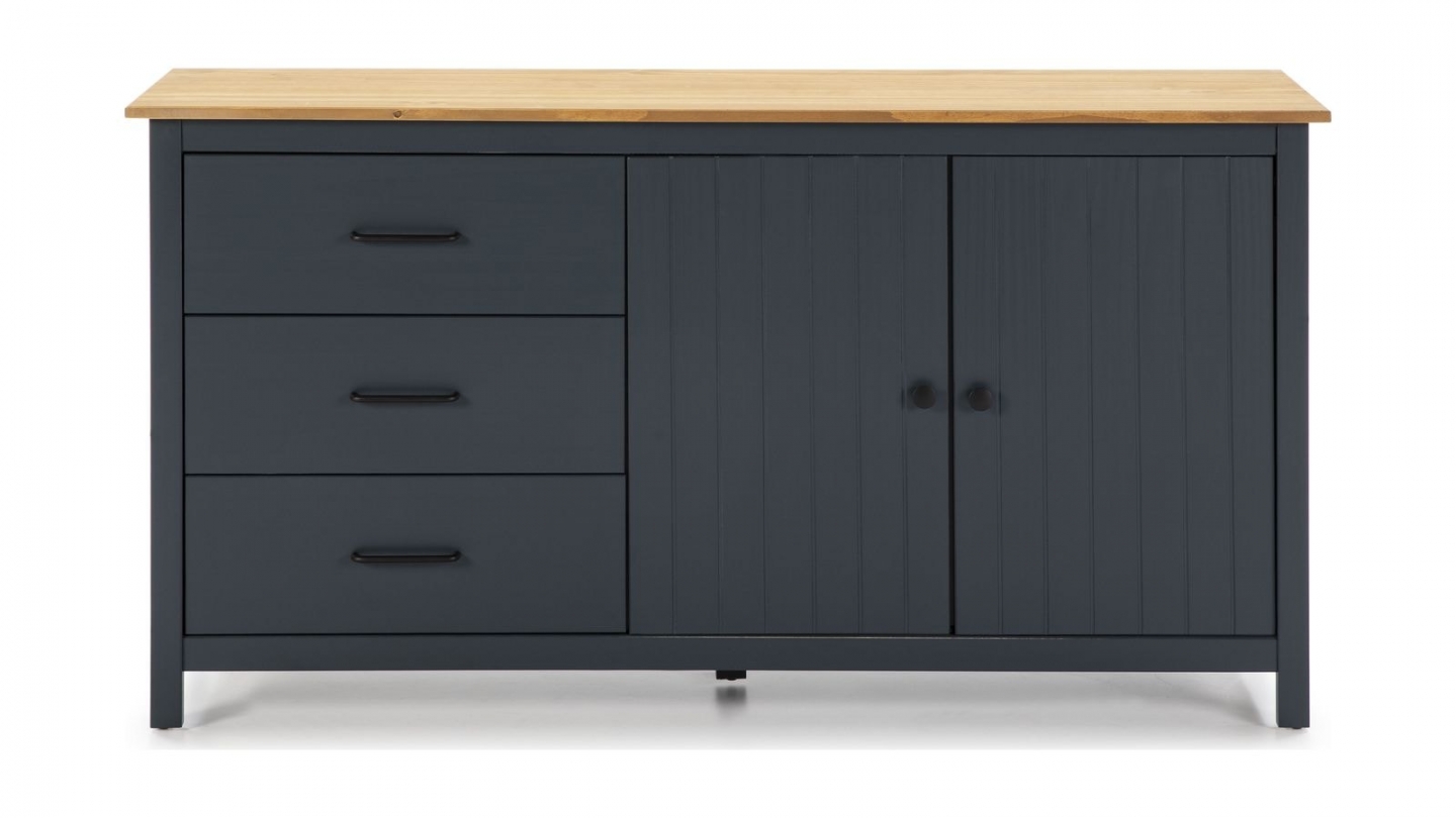 Buffet 2 portes 3 tiroirs en bois massif bleu 150 cm - Ida