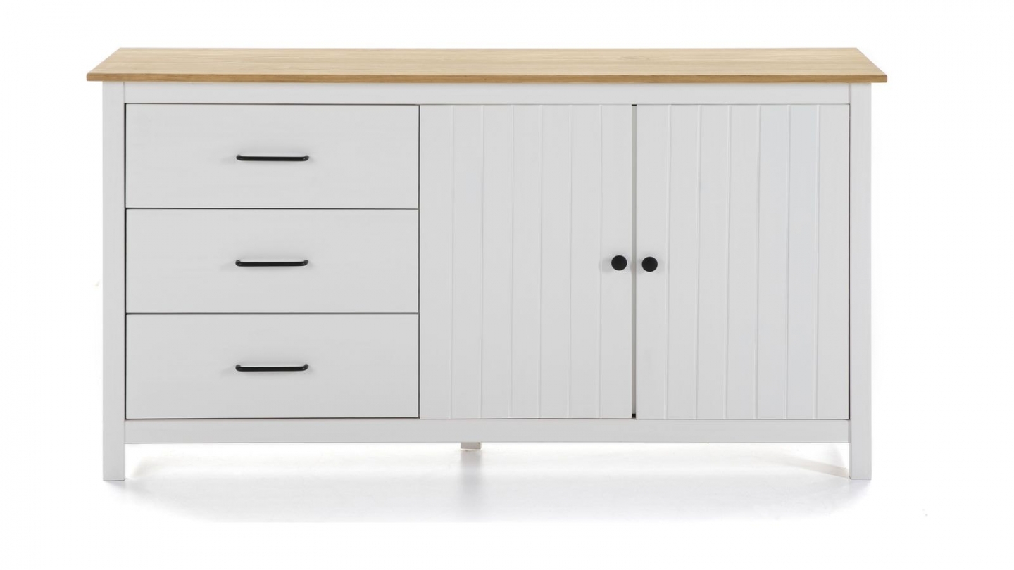 Buffet 2 portes 3 tiroirs en bois massif blanc 150cm - Ida