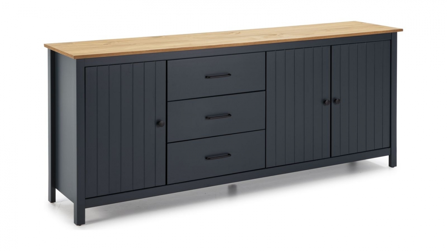 Buffet 3 portes 3 tiroirs en bois massif bleu 190 cm - Ida